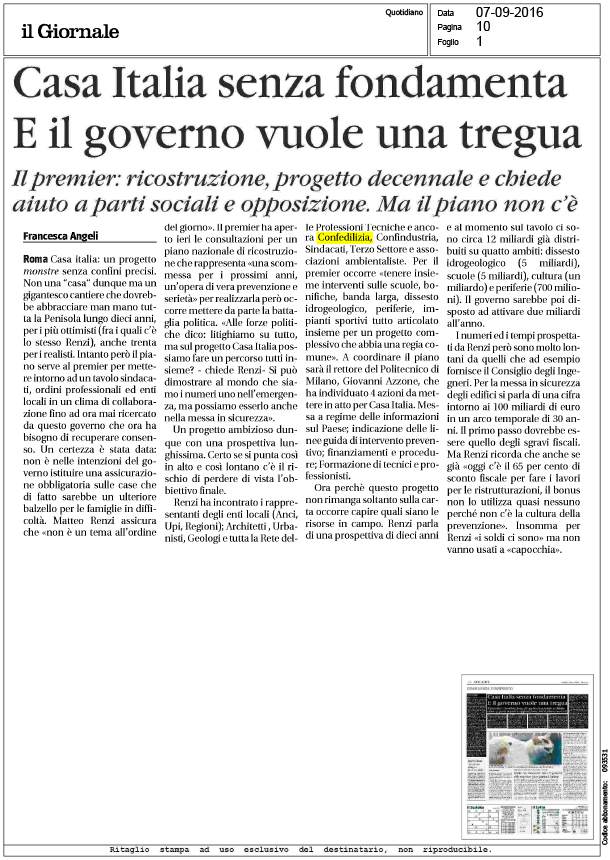 Il giornale 7.9.2016 casa italia senza fondamenta e il governo ... Piano casa governo italiano