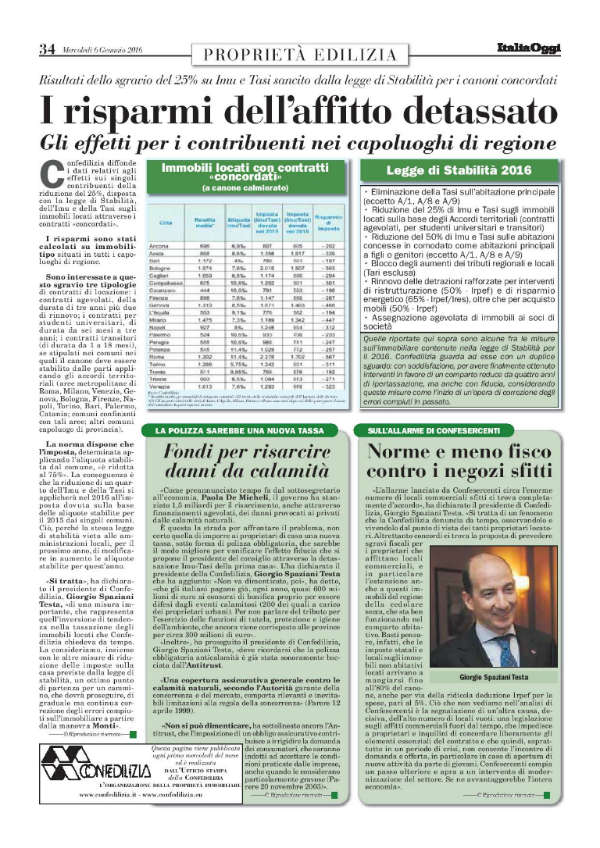 Pagina Confedilizia su Italia Oggi – Gennaio 2016