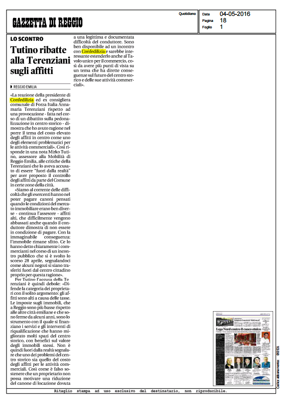 Gazzetta di Reggio - 04.05.2016 - Tutino ribatte alla Terenziani sugli affitti