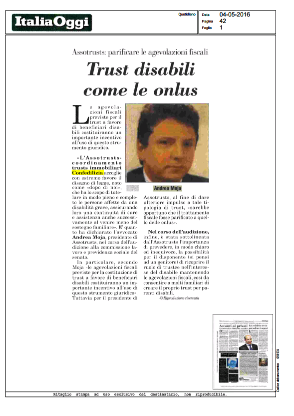 Italia Oggi - 04.05.2016 - Trust disabili come le onlus