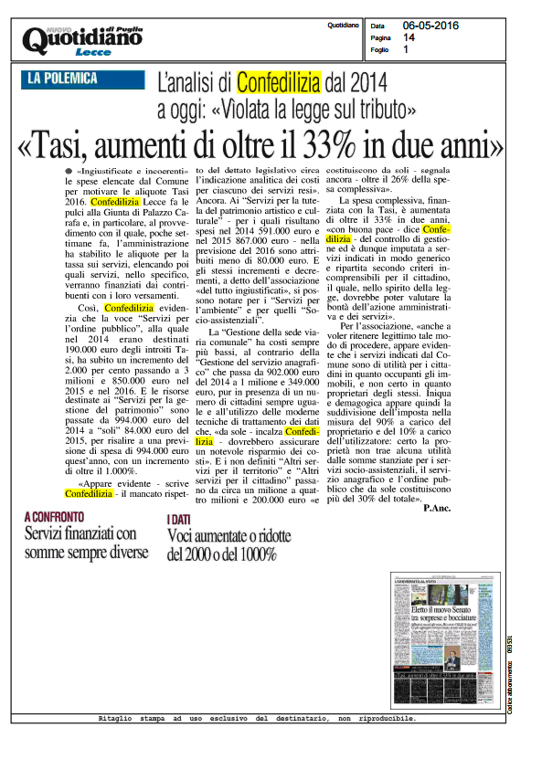Quotidiano di Puglia - "Tasi, aumenti oltre il 33% in due anni"