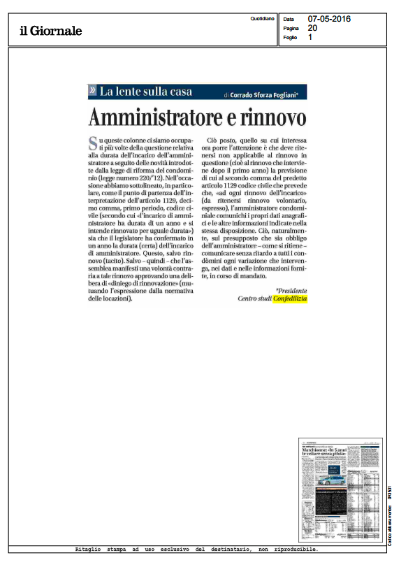 il Giornale - 07.5.2016 - Amministratore e rinnovo