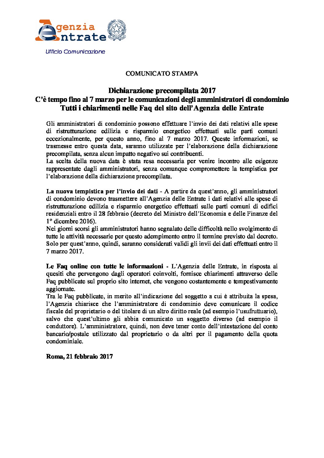 Comunicato stampa Agenzia entrate 21.02.2017
