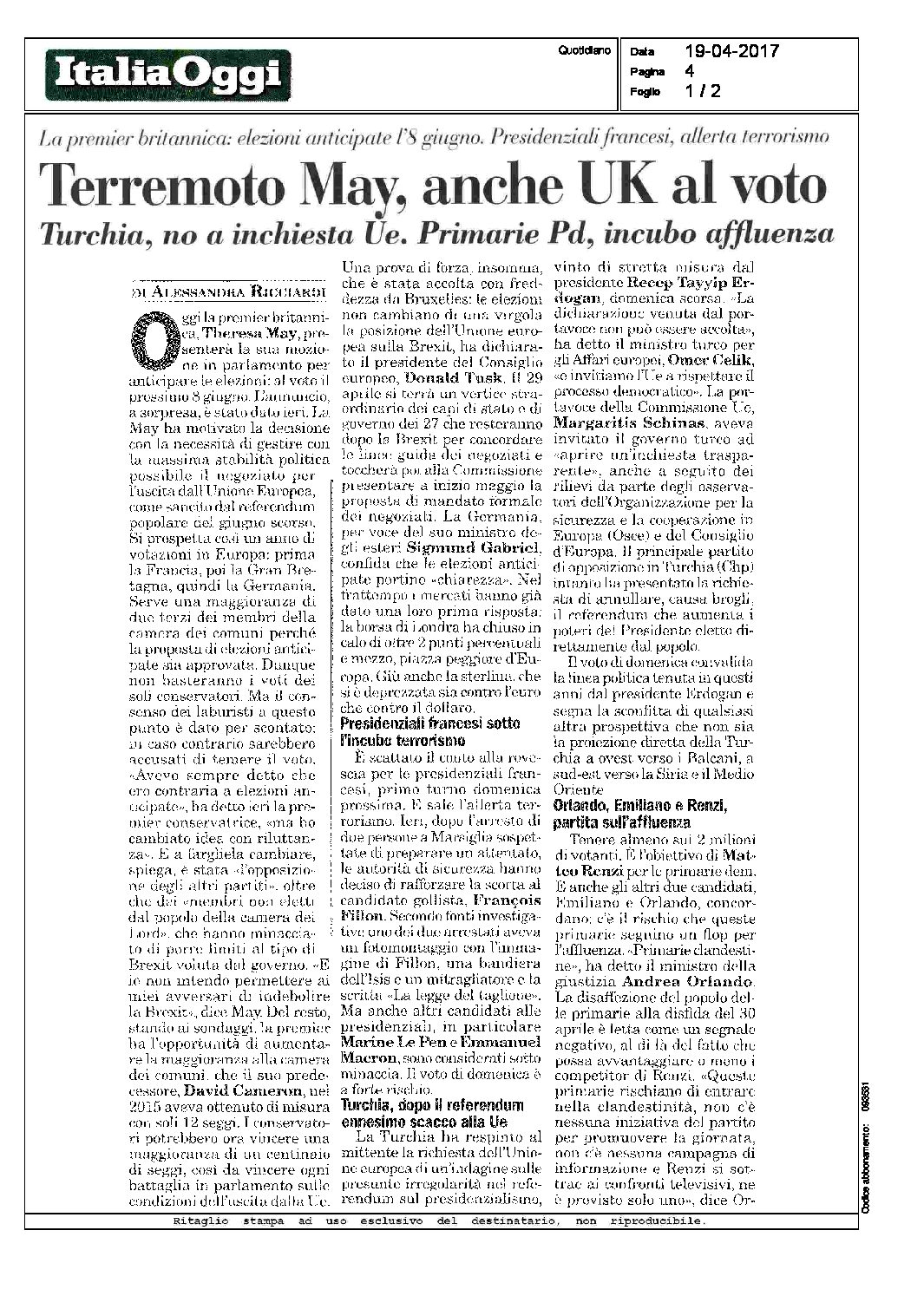 ITALIA OGGI pag. 4 • 19-04-2017