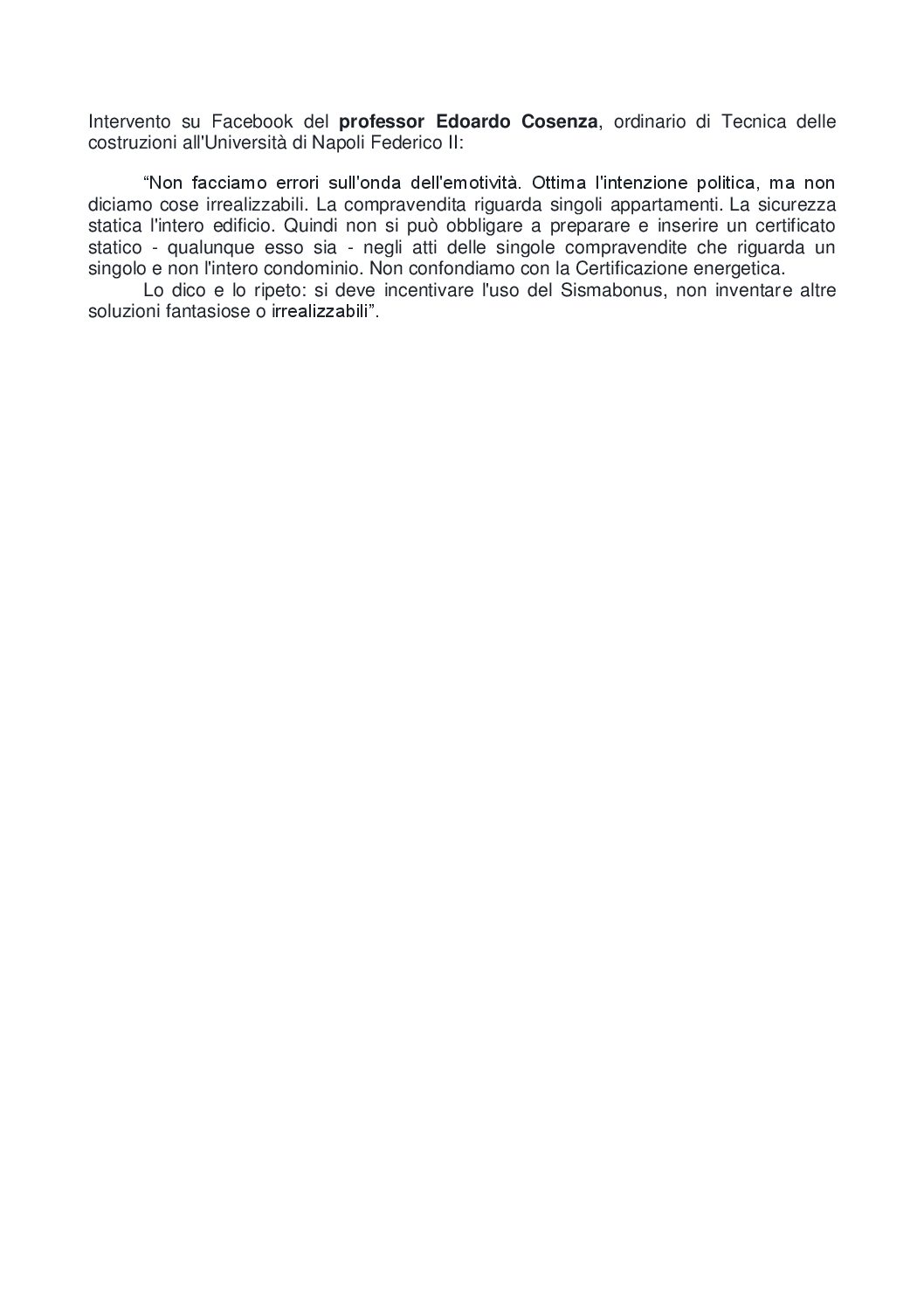 Intervento su FB del professor Edoardo Cosenza