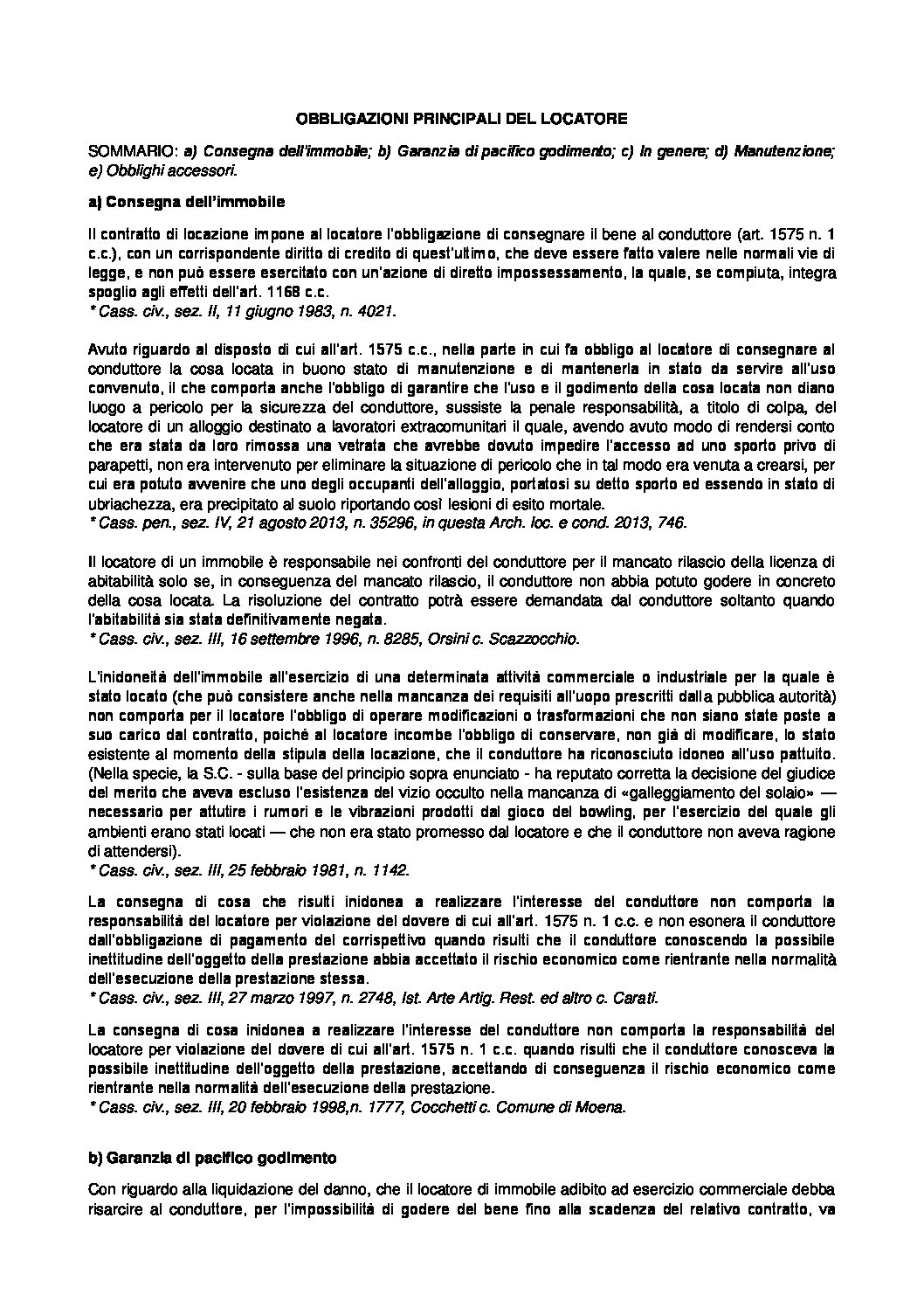 Le obbligazioni principali del locatore