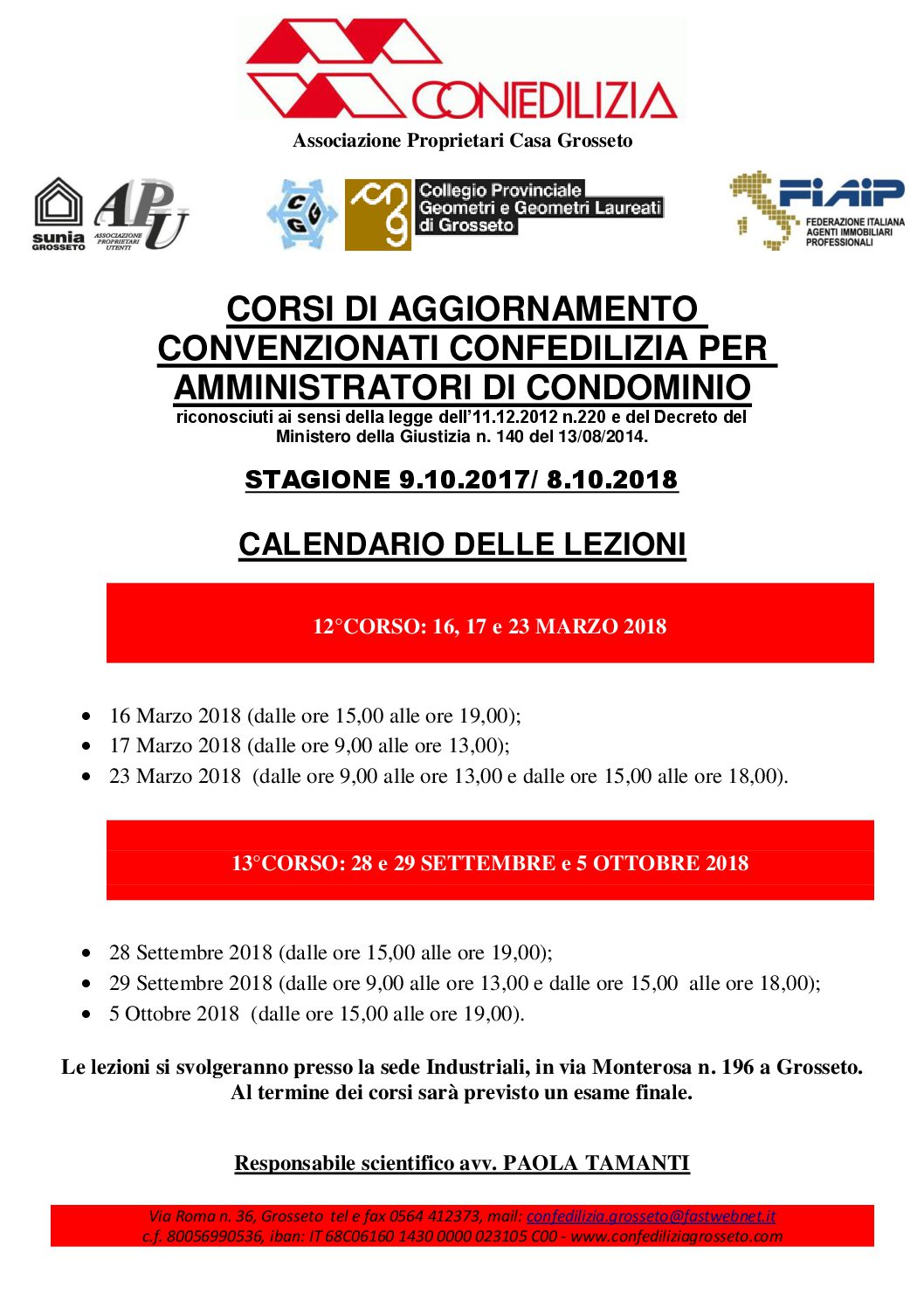 Calendario corsi annualità 9 10 17-8 10 18