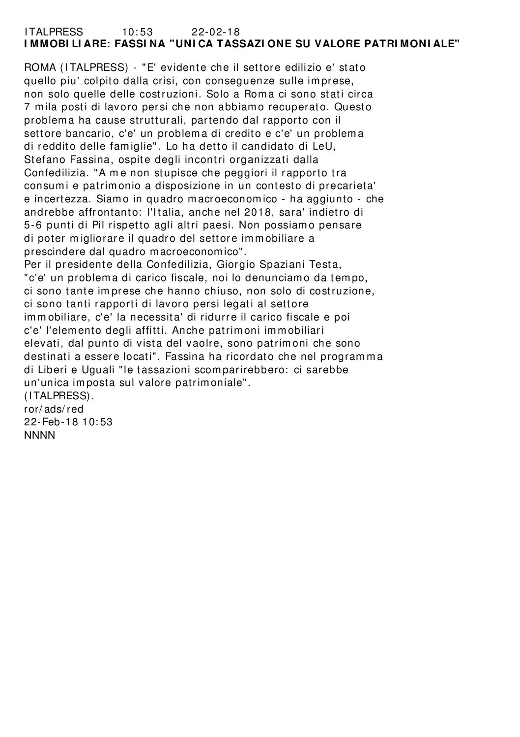 IMMOBILIARE FASSINA UNICA TASSAZIONE SU VALORE PATRIMONIALE