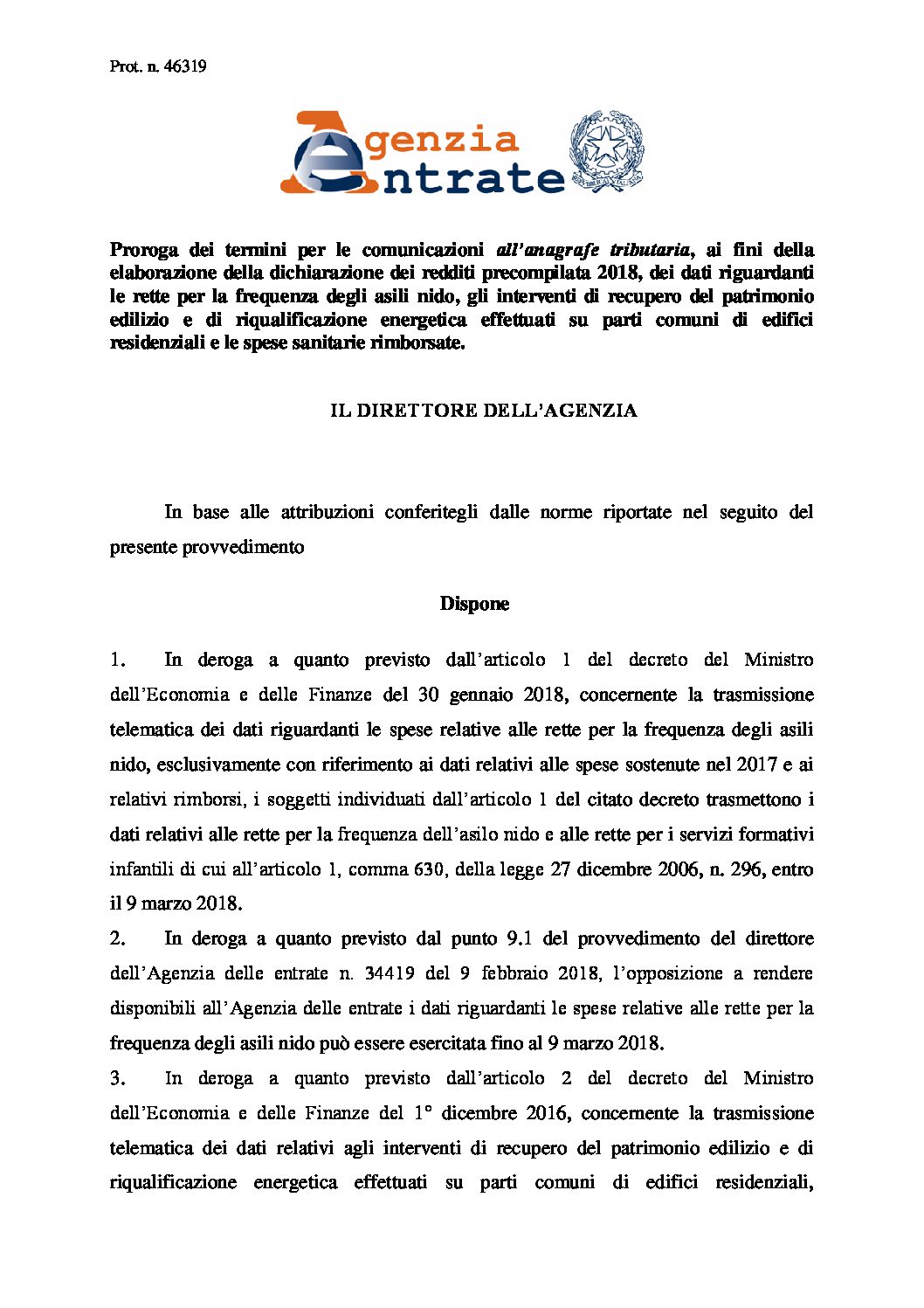 Provvedimento Agenzia entrate 27 2 2018
