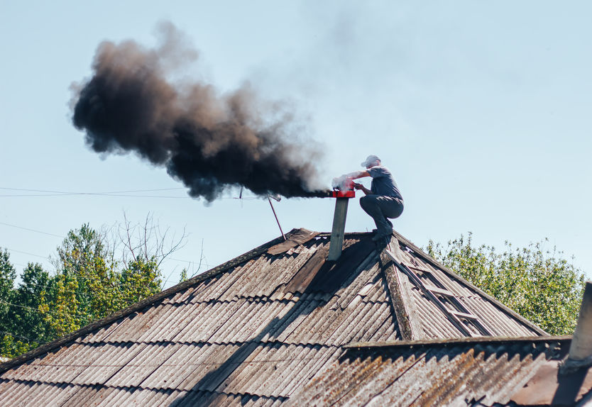 Chimney sweep man in work uniform cleaning chimney on roof